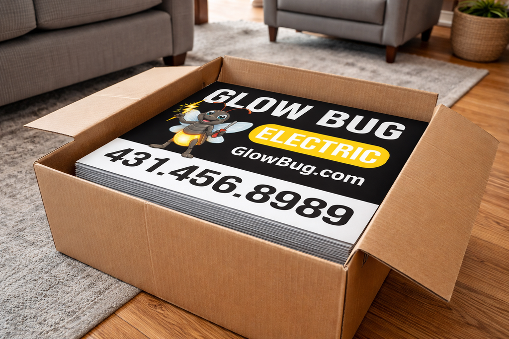 Cardboard box with Glow Bug Electric flyer on a wooden floor in a living room.