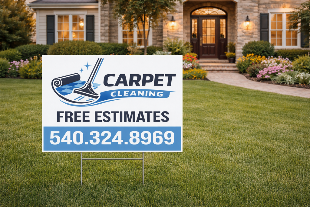 Carpet cleaning sign in front of a house with a green lawn
