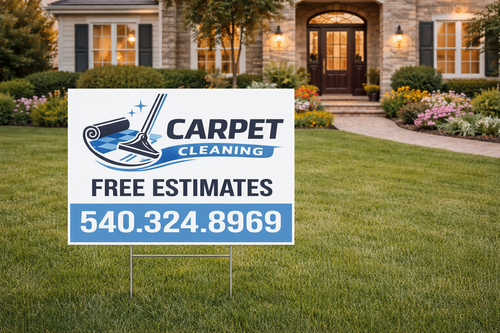 Carpet cleaning sign in front of a house with a green lawn