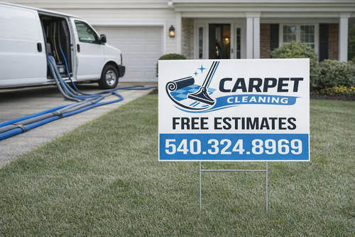 Carpet cleaning sign with contact information in front of a house