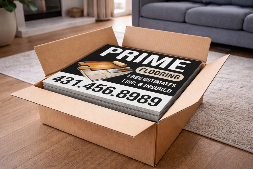 Open cardboard box with a Prime Flooring advertisement on a wooden floor.