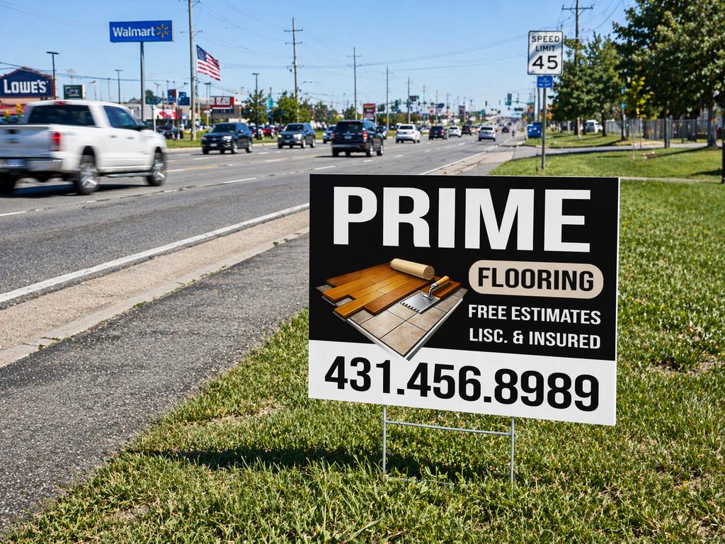 Prime Flooring sign on grass by a road with visible businesses in the background