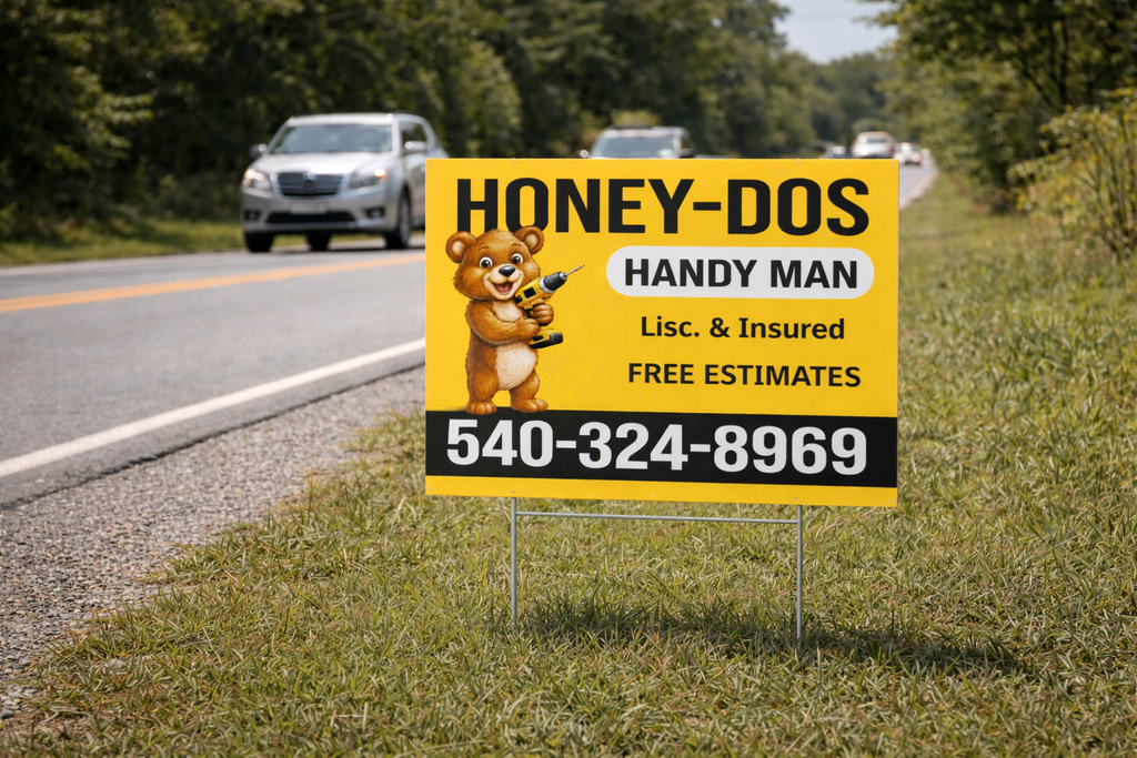 Honey-Dos Handy Man sign on the side of a road with a car in the background.