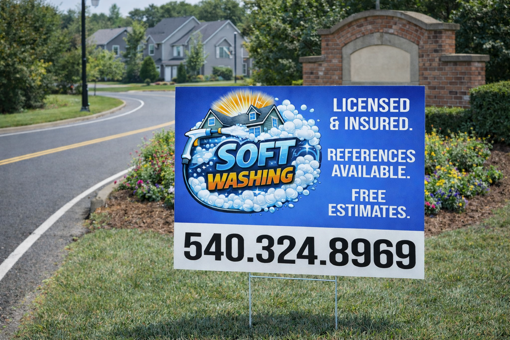Soft washing service sign on a grassy area with a residential street in the background