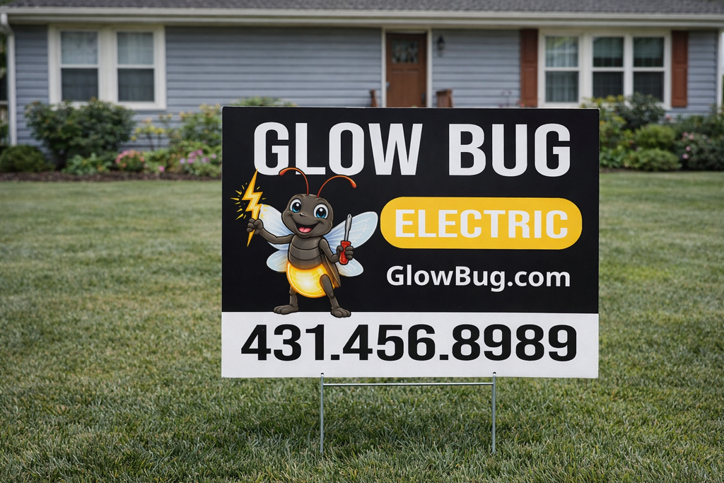 Glow Bug Electric sign in a grassy yard with a house in the background