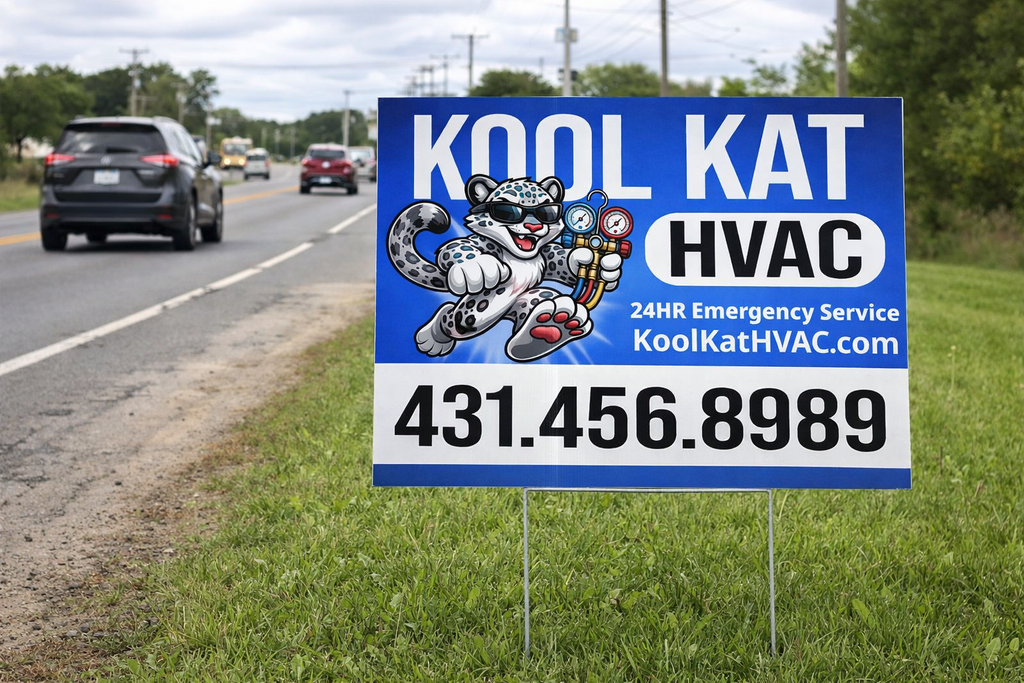 Kool Kat HVAC sign on a grassy area next to a road with cars passing by.