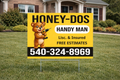 Honey-Dos Handy Man sign with a bear holding a drill on a grassy lawn in front of a house.