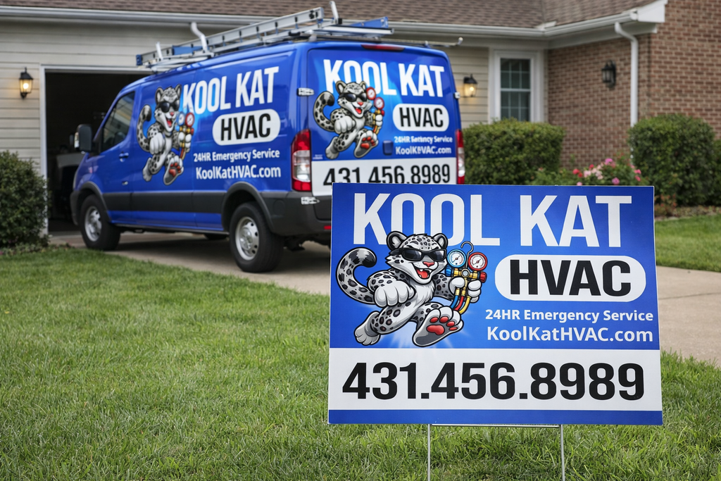 Kool Kat HVAC van and sign in front of a house