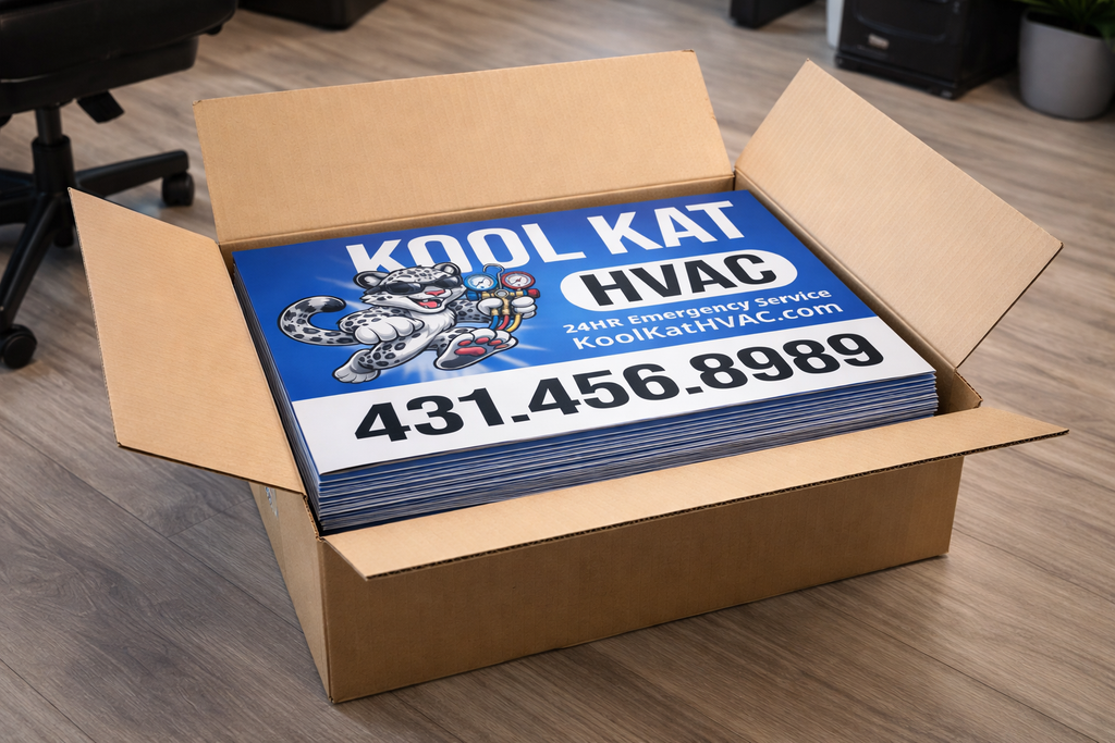 Kool Kat HVAC sign in a cardboard box on a wooden floor