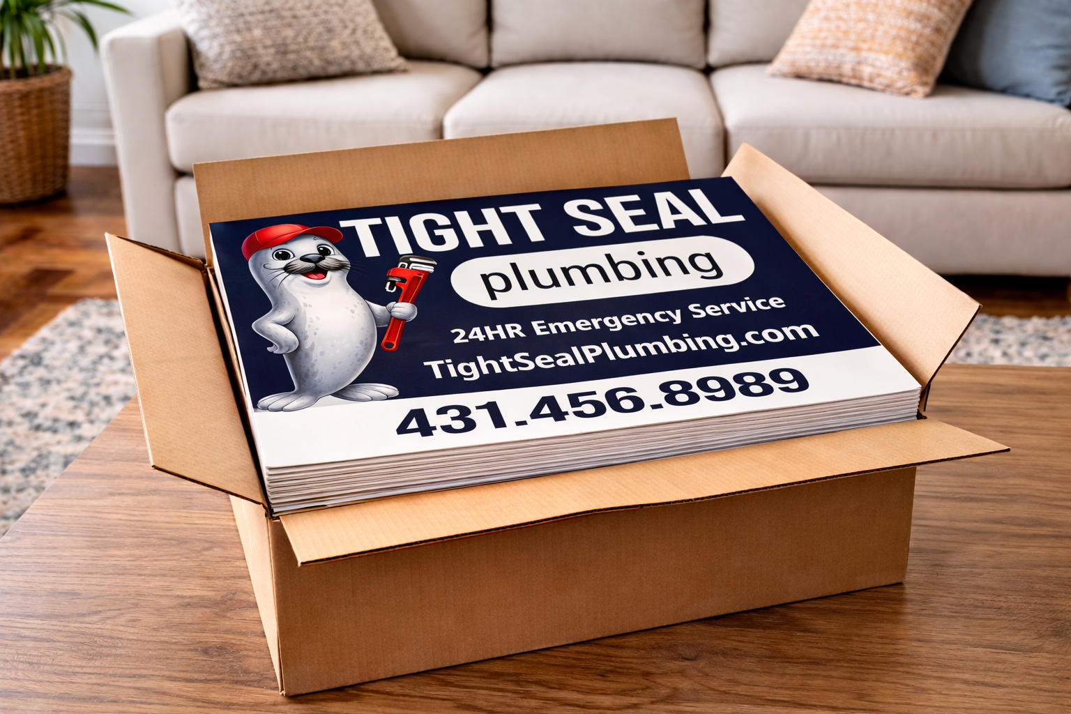 Box with Tight Seal Plumbing sign on a wooden table in a living room setting