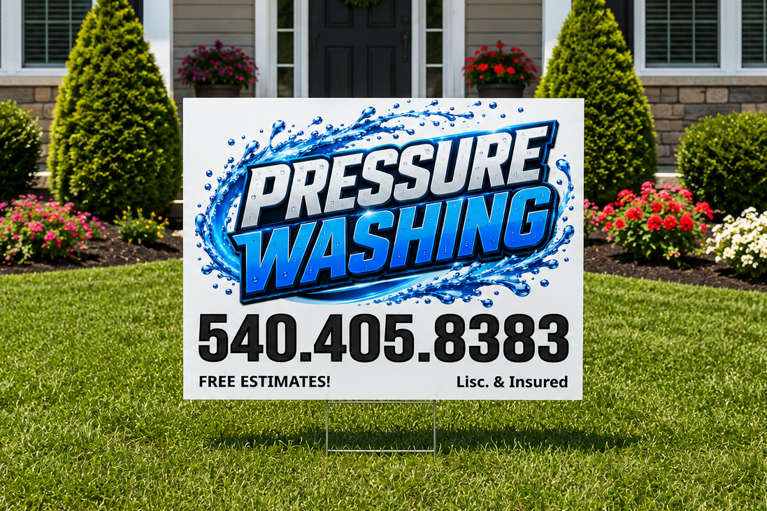 Pressure washing sign with contact information on a lawn