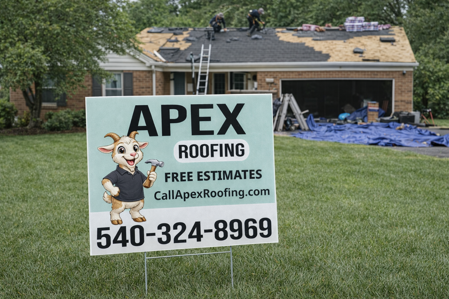Apex Roofing sign in front of a house with ongoing roofing work.